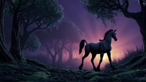unicorn in a mystical forest at sunrise/sunset