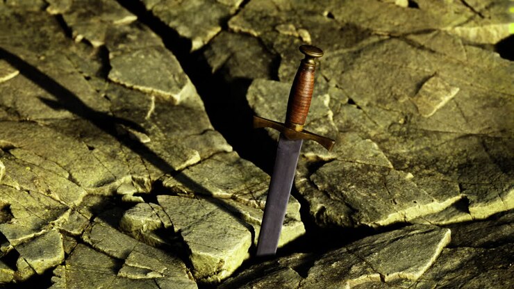 Majestic sword embedded in ancient rock under mystical lighting