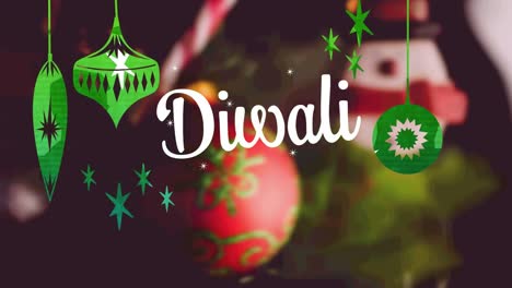animación de diwali y baubles sobre las decoraciones de navidad