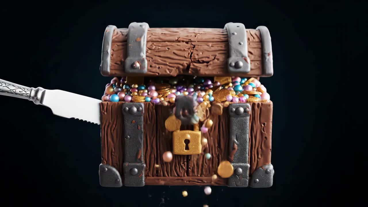 Chocolate treasure chest being cut open with a knife