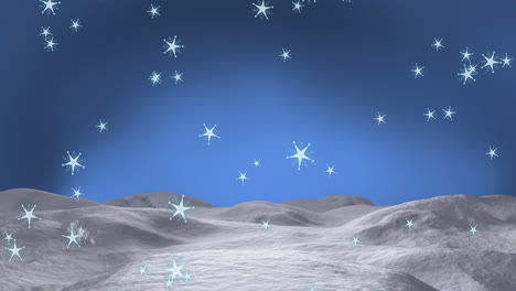 animation of snowflakes falling over snow and blue background