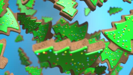 gingerbread cookies of christmas tree falling on blue background. christmas and new year holidays concept. seamless looping 3d animation 4k