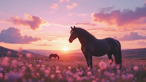 horses in a pink flower field at sunset