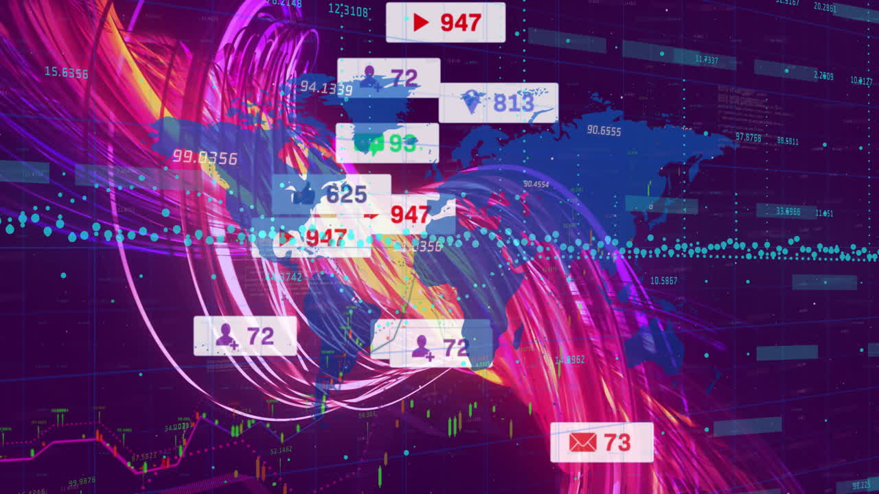 Animation of digital data visualization with social media notifications and world map