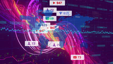 animation of digital data visualization with social media notifications and world map