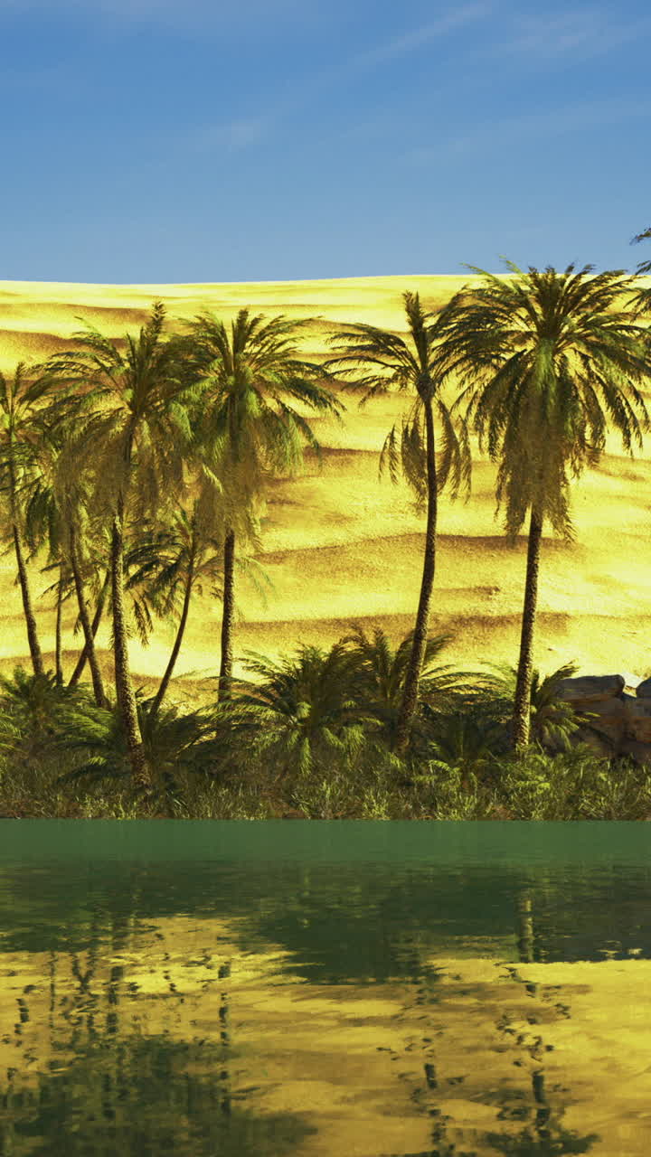 Golden sands reflect in tranquil water surrounded by lush palm trees