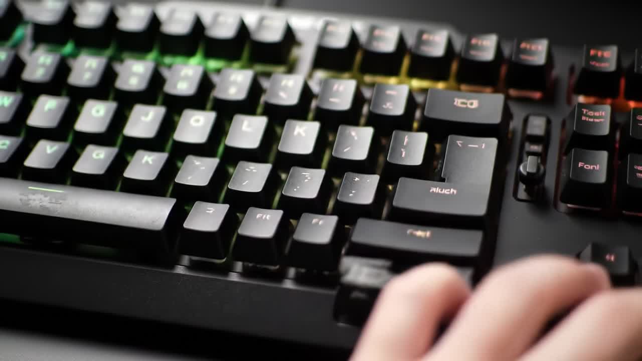 A Close-Up Look at a Hand Typing on a Backlit Gaming Keyboard, Showcasing the Precision and Technology Behind Modern Gaming Equipment and User Interaction