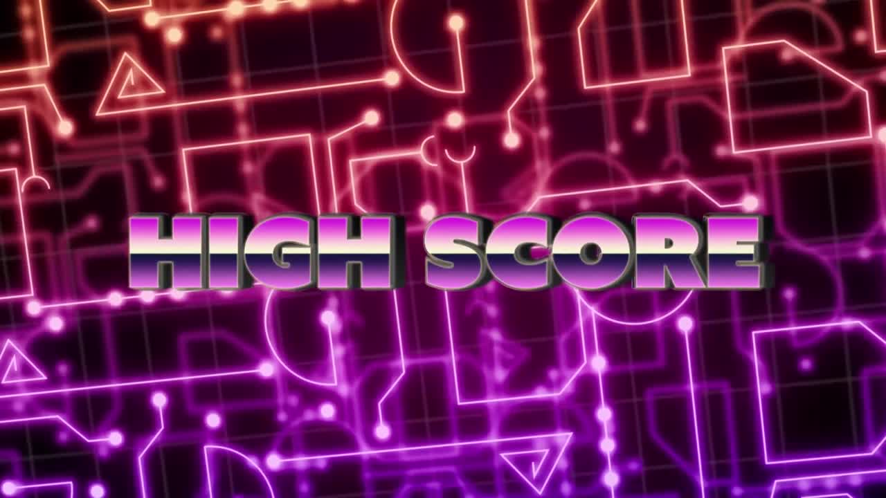 Animation of high score text over neon computer circuit board on black background