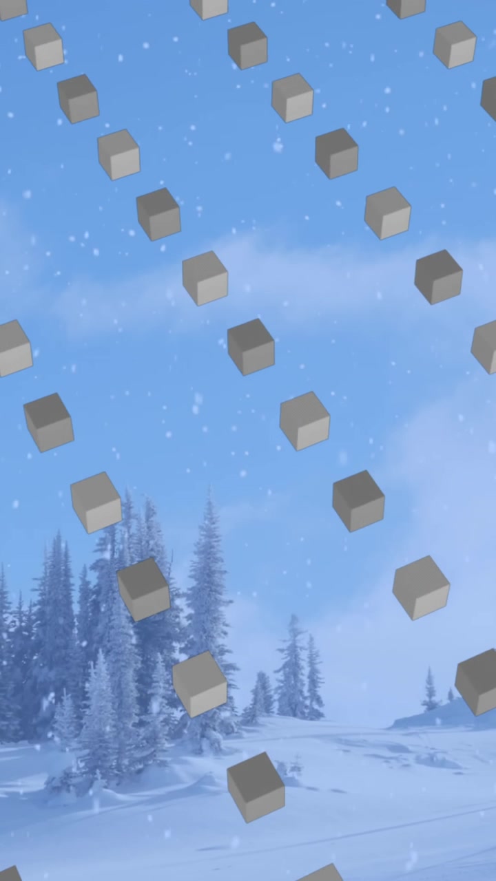 Animazione di un motivo a file di cubi e neve natalizia che cade su un paesaggio invernale.