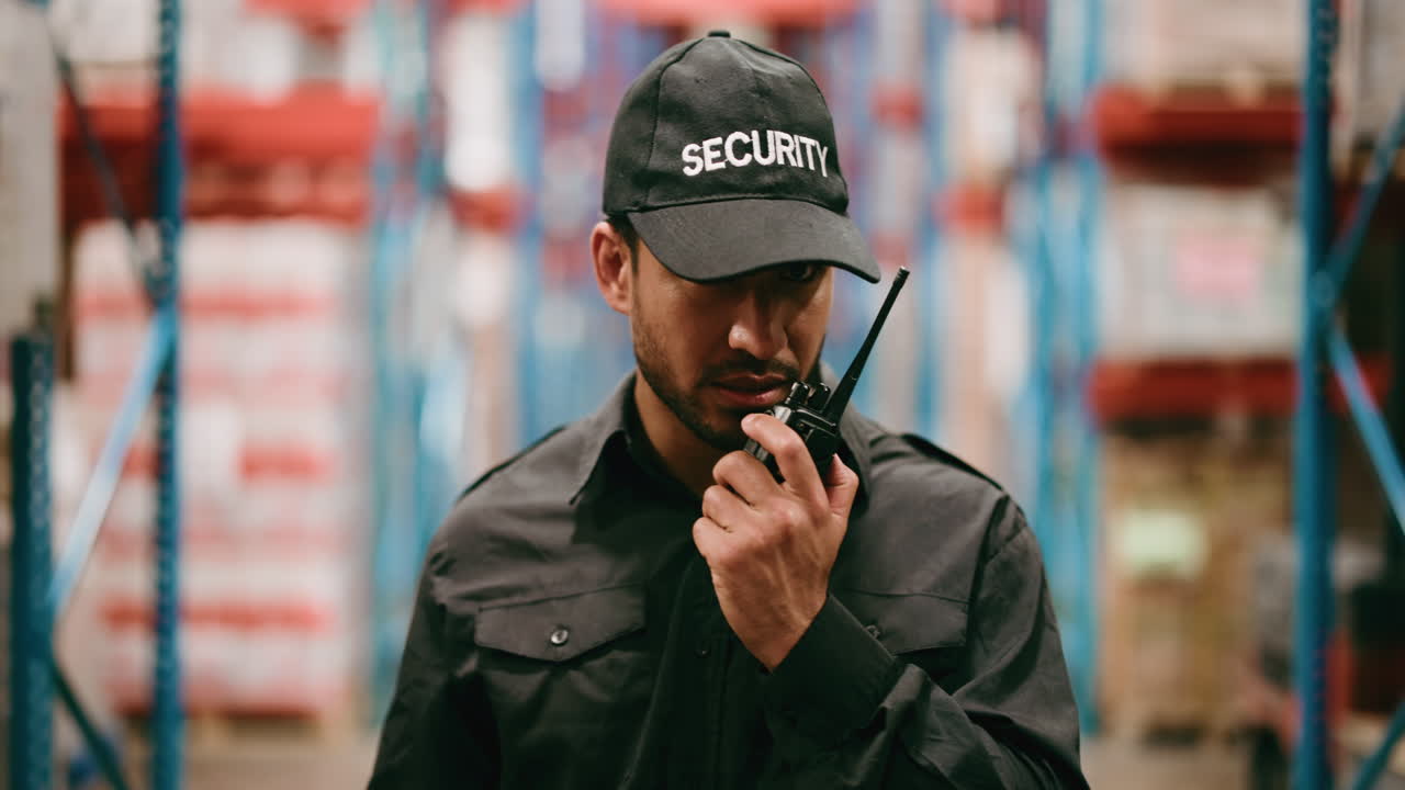 Security Guard Communicating with Walkie-Talkie in Warehouse