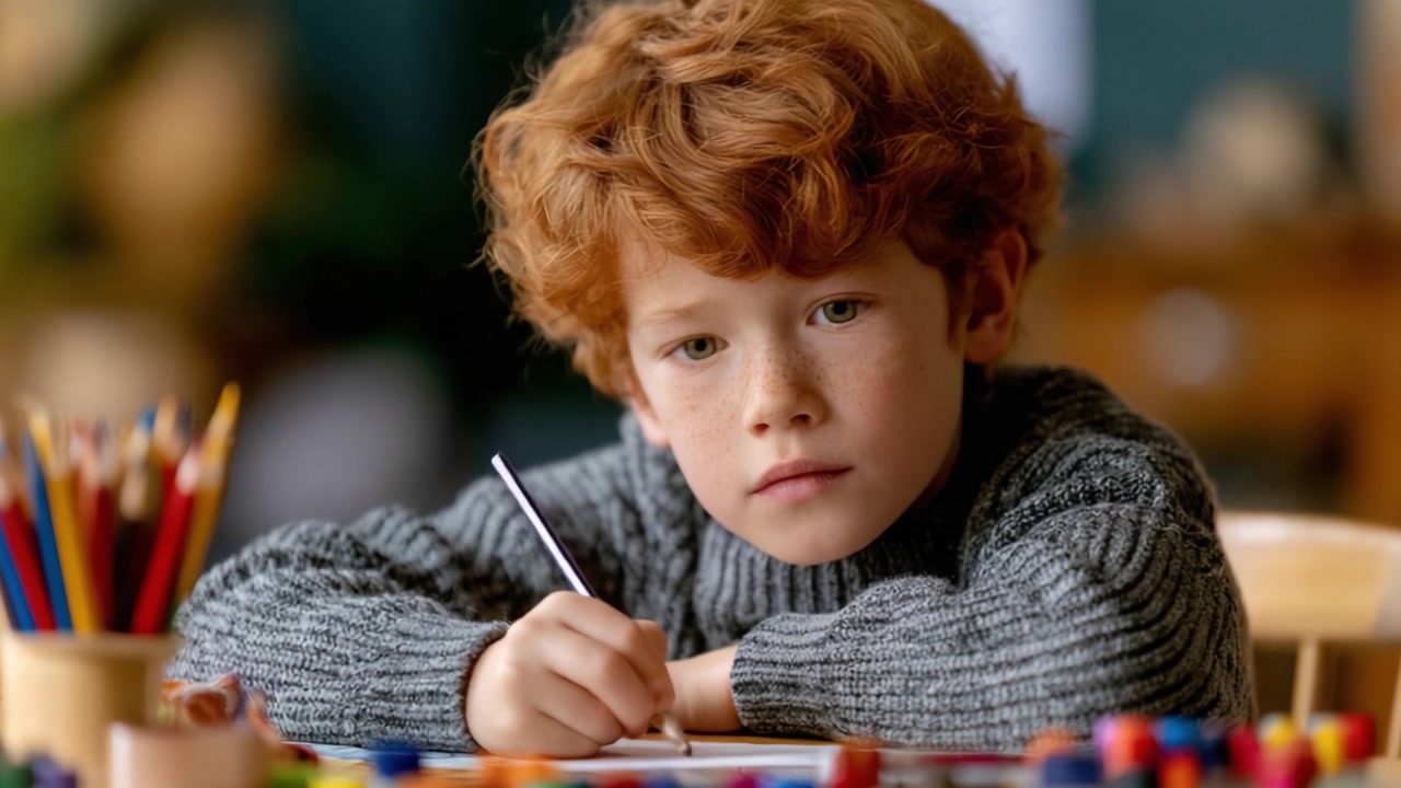 Jovem artista profundamente focado em expressão criativa, capturado em dois momentos distintos de concentração com materiais de arte vibrantes ao seu redor.