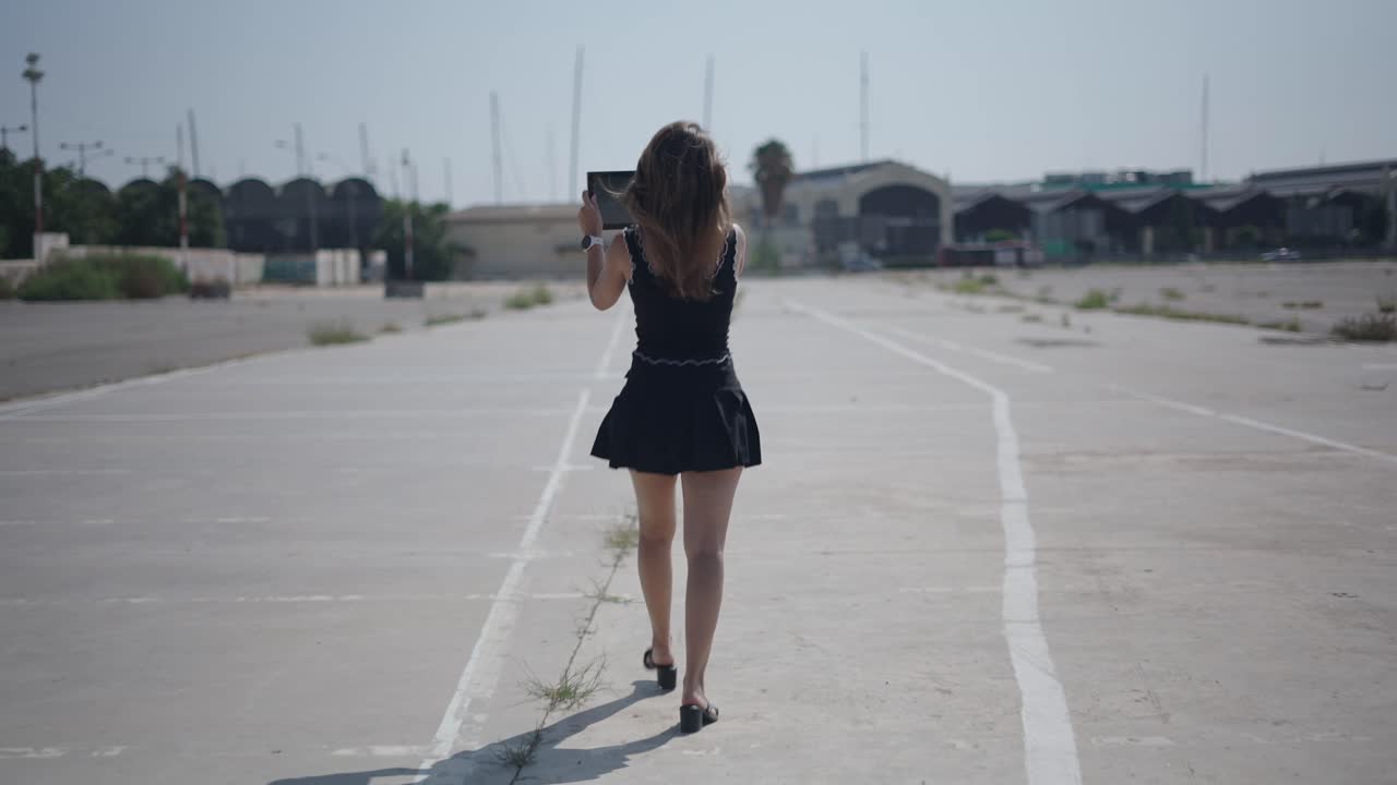 Woman walking on an empty road