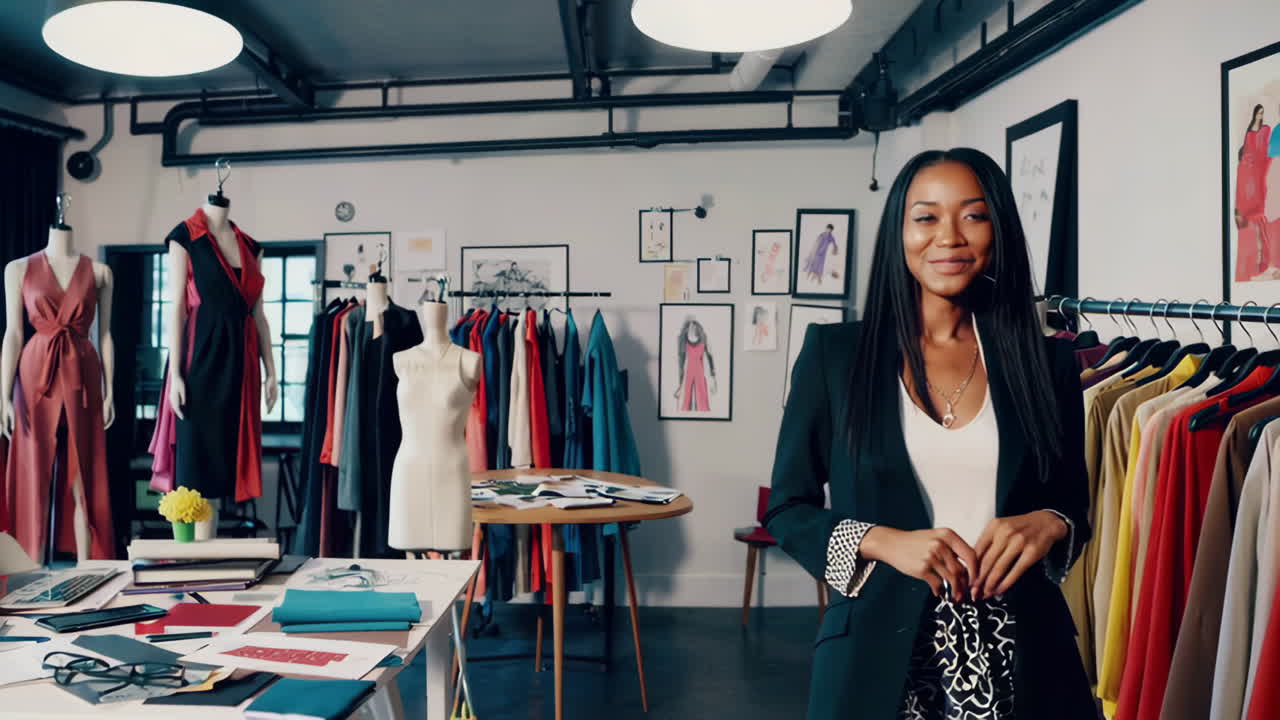 Stilista donna che presenta nel suo studio