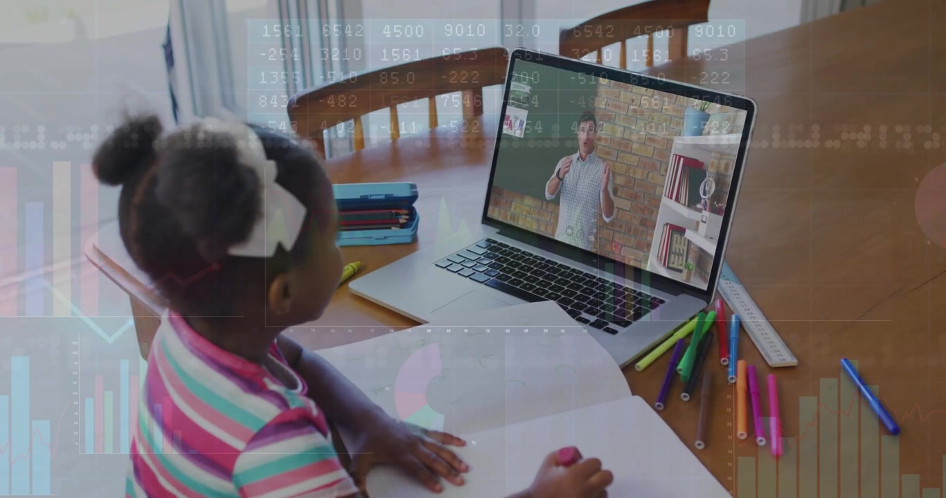 Girl watching laptop teacher raising hand moving pink pen on pad learning with faint charts overlay