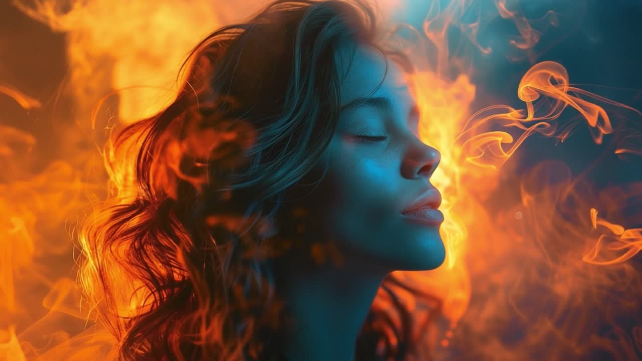 Serene Woman Portrait in Blue Light and Orange Smoke