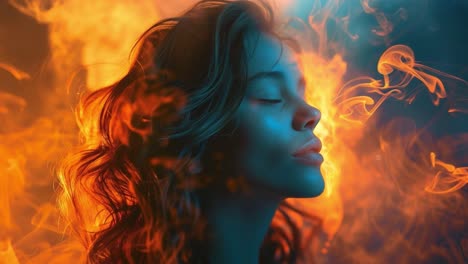 serene woman portrait in blue light and orange smoke