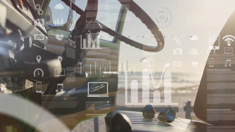animation of digital data graphics overlaying sunglasses on car dashboard interior