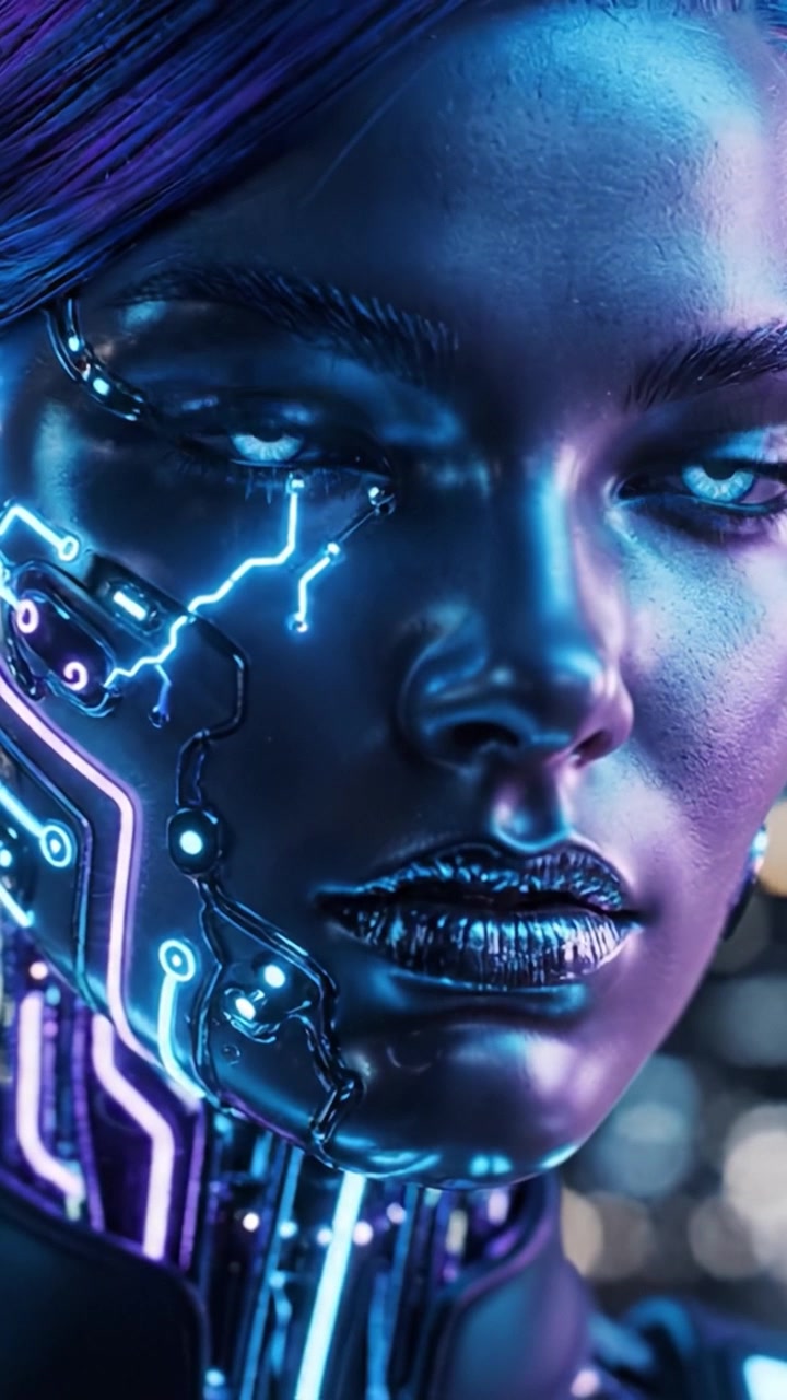 Cyborg Futuristico con Caratteristiche Elettriche e Bagliore al Neon che Fissa Intenso l'Orizzonte in un Ambiente Urbano High-Tech di Notte