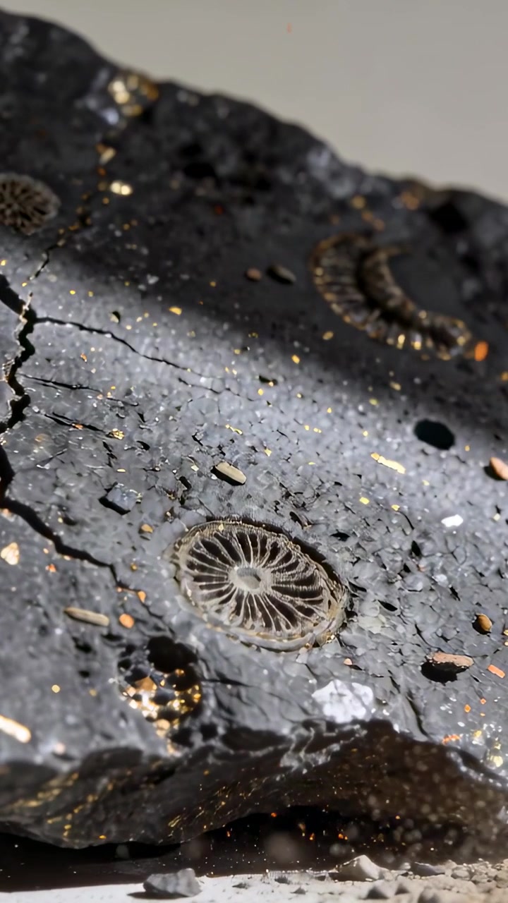 Video verticale: Telecamera che si inclina mostrando un fossile a disco su una lastra di scisto con pirite in studio per studio.