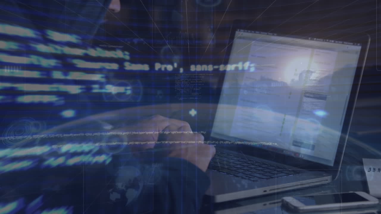 animación del procesamiento de datos sobre un hombre caucásico usando una computadora portátil