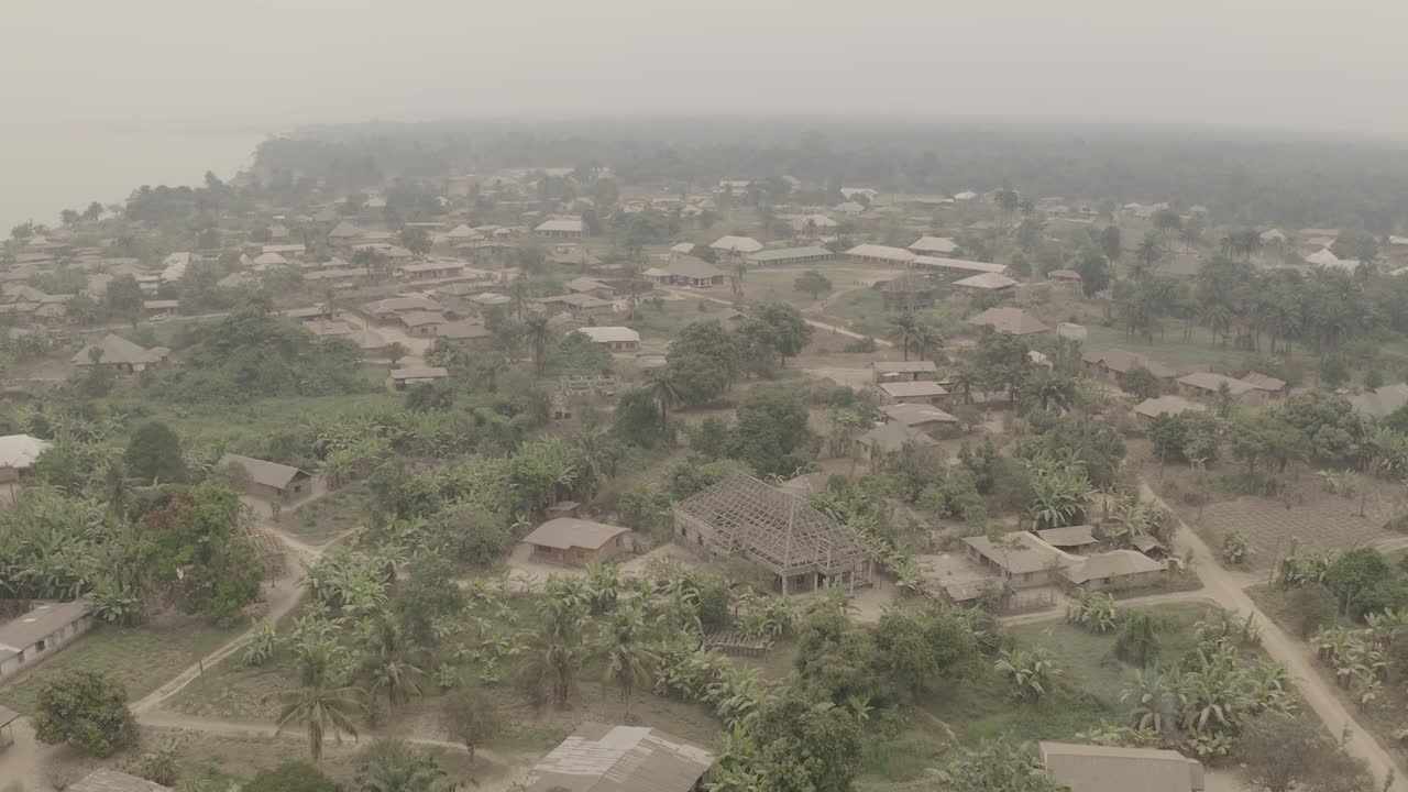 Aerial shot of coastal tropical community near River Niger
