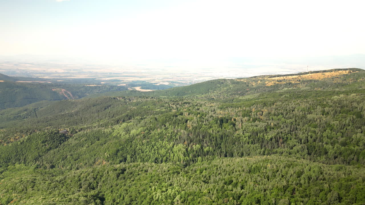 vista aérea desde el valle hasta el denso bosque en el parque natural de vitosha, bulgaria