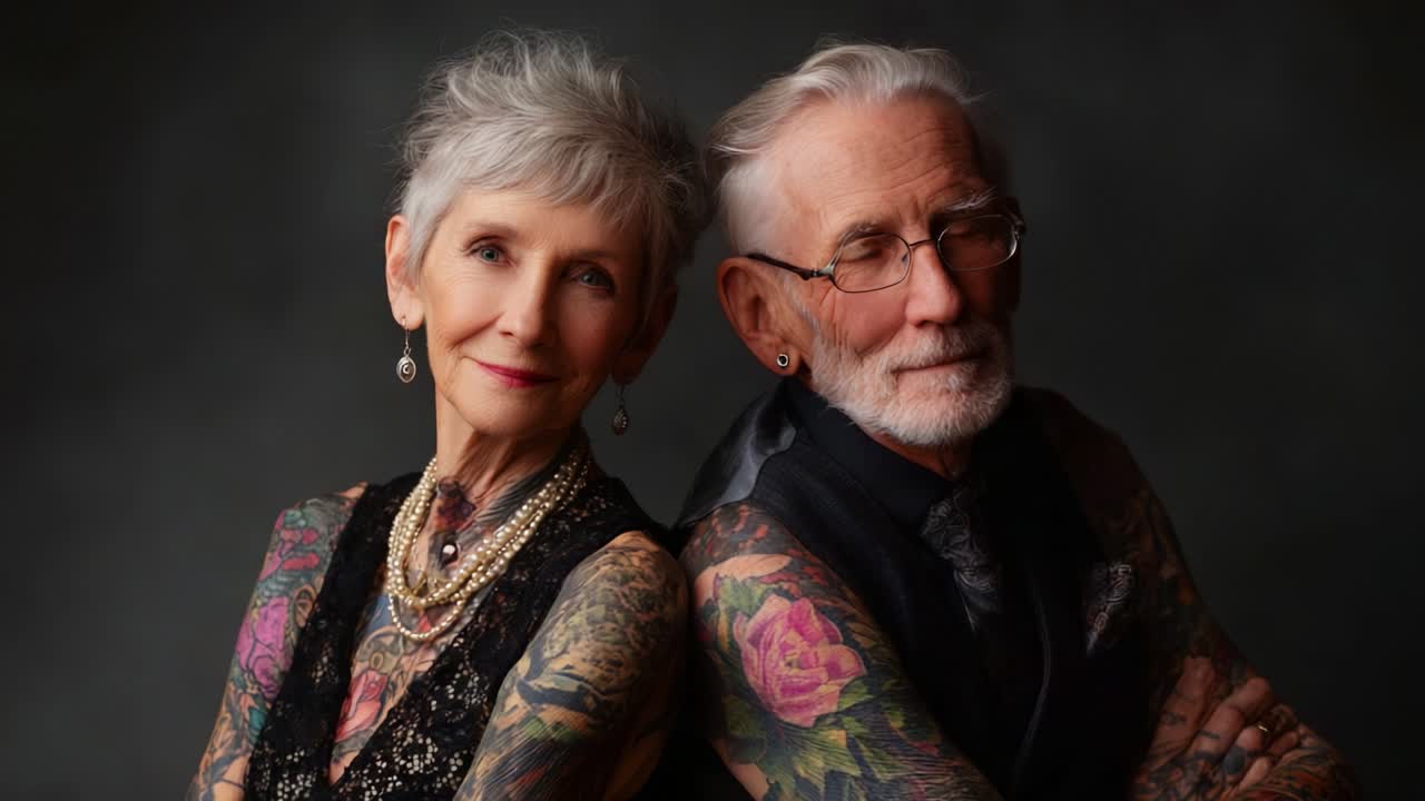 Celebrating Love and Ink: A Stunning Portrait of a Stylish Elderly Couple Exuding Confidence with Their Artistic Tattoos, Showcasing a Unique Bond and Lifelong Journey Together