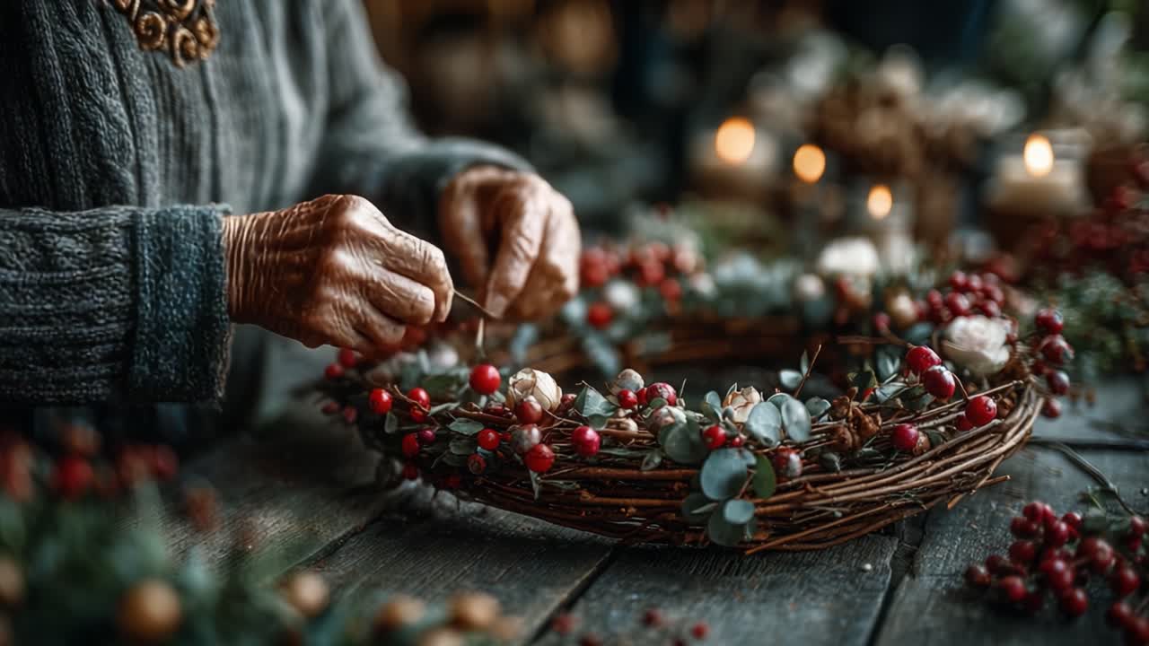 Crafting a Beautiful Holiday Wreath: A Step-by-Step Look at the Art of Creating Seasonal Decorations with Natural Elements and Careful Attention to Detail