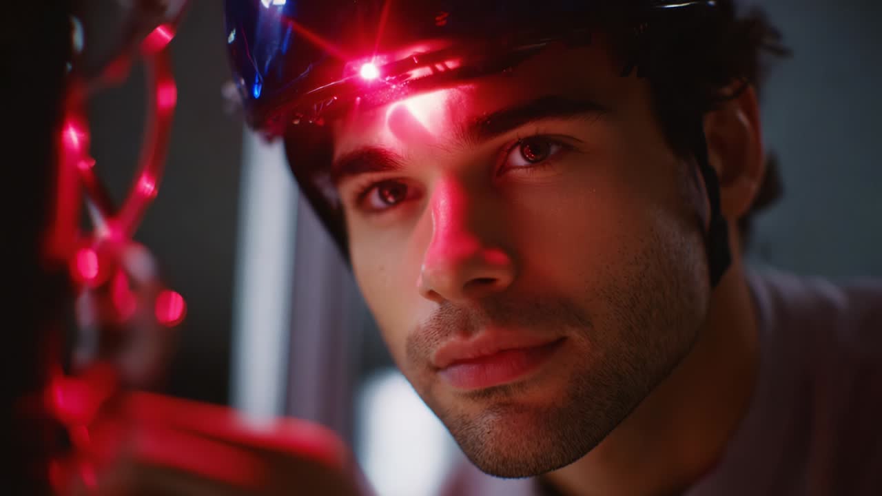 A Close-Up Exploration of Technology and Humanity: A Young Man Engaged in a Futuristic Interaction with a Robotic Hand, Illuminated by Red Laser Lights, Showcasing Innovation and Human Connection