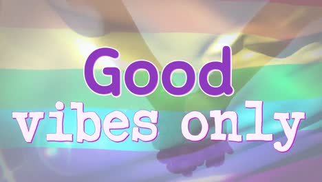 animación de buenas vibraciones sólo texto sobre bandera del arco iris y pareja cogida de la mano