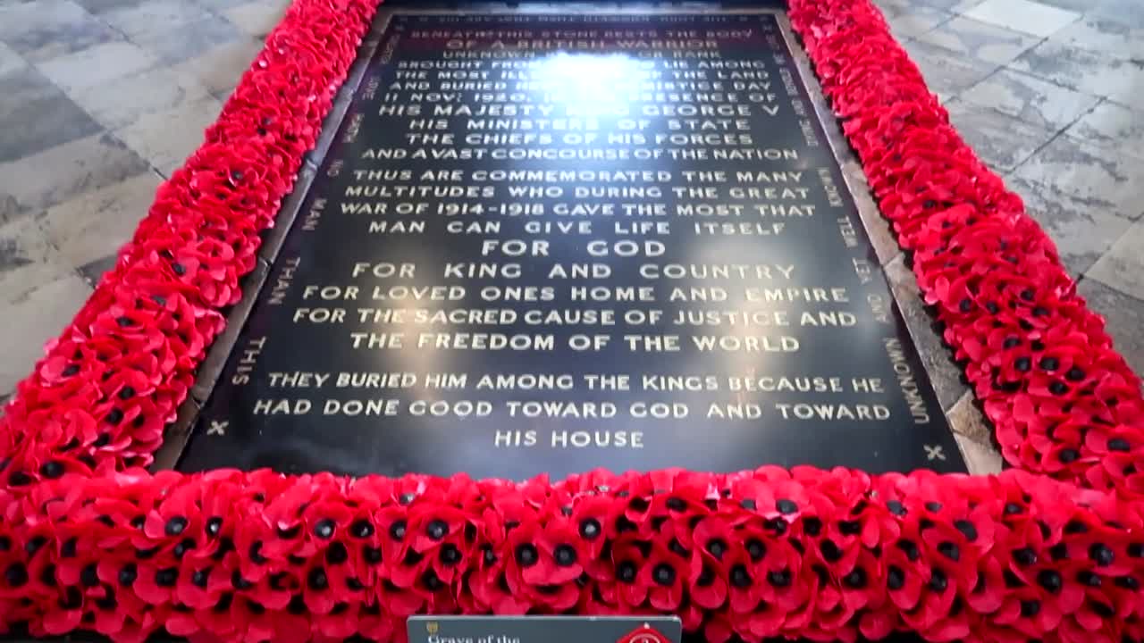 наклонный кадр показывает могилу неизвестного солдата с красными маками в вестминстерском аббатстве