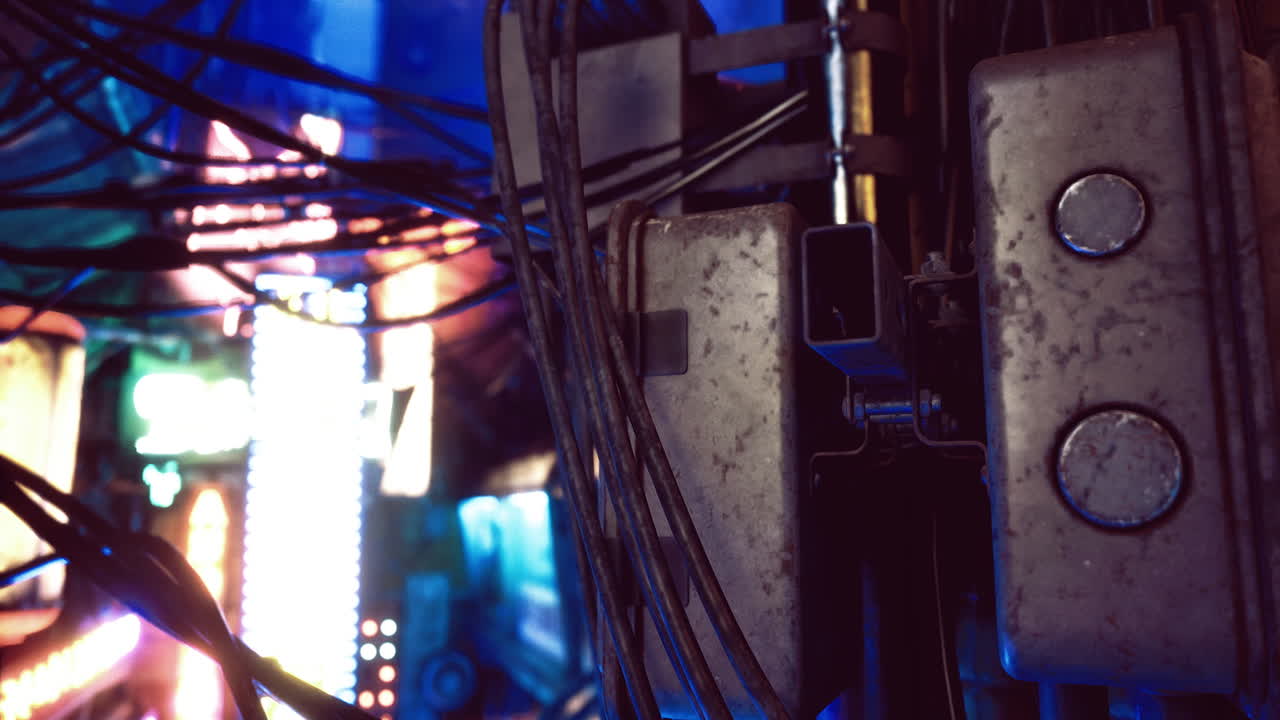 Industrial setting with tangled wires and futuristic neon lights at night