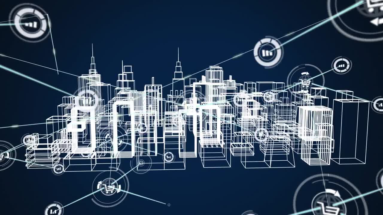animación de la red de conexiones sobre el paisaje urbano del metaverso en el fondo de la marina.