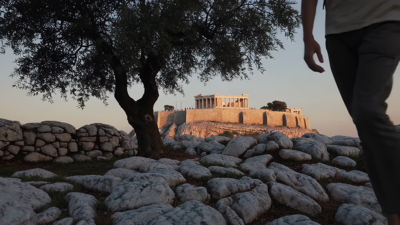 Acropolis in Athens at Sunset with Tourist