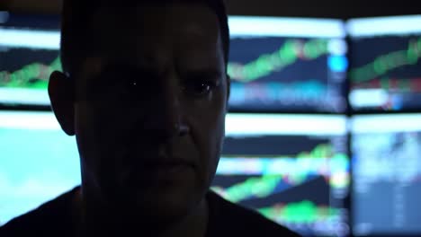 a focused individual analyzing complex data trends in a dimly lit environment with multiple screens displaying financial graphs and patterns