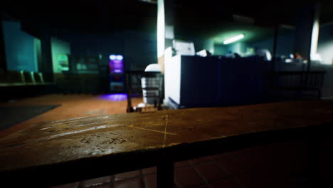 dark and empty waiting room with a wooden bench