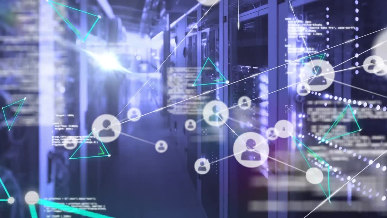 Animation of network of connections with icons and data processing over server room