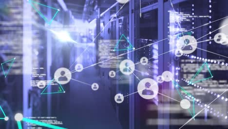 animation of network of connections with icons and data processing over server room