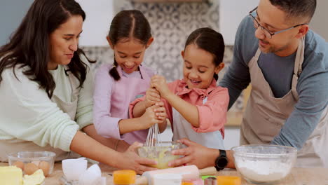 kitchen, stir and happy family children baking