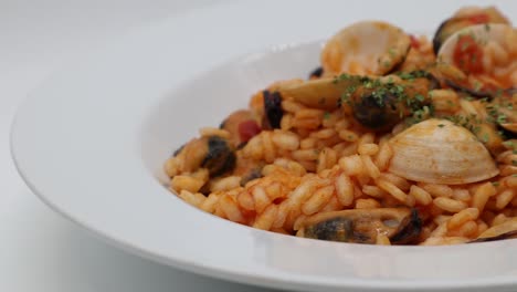 delicious seafood risotto, risotto ai frutti di mare, on white dish