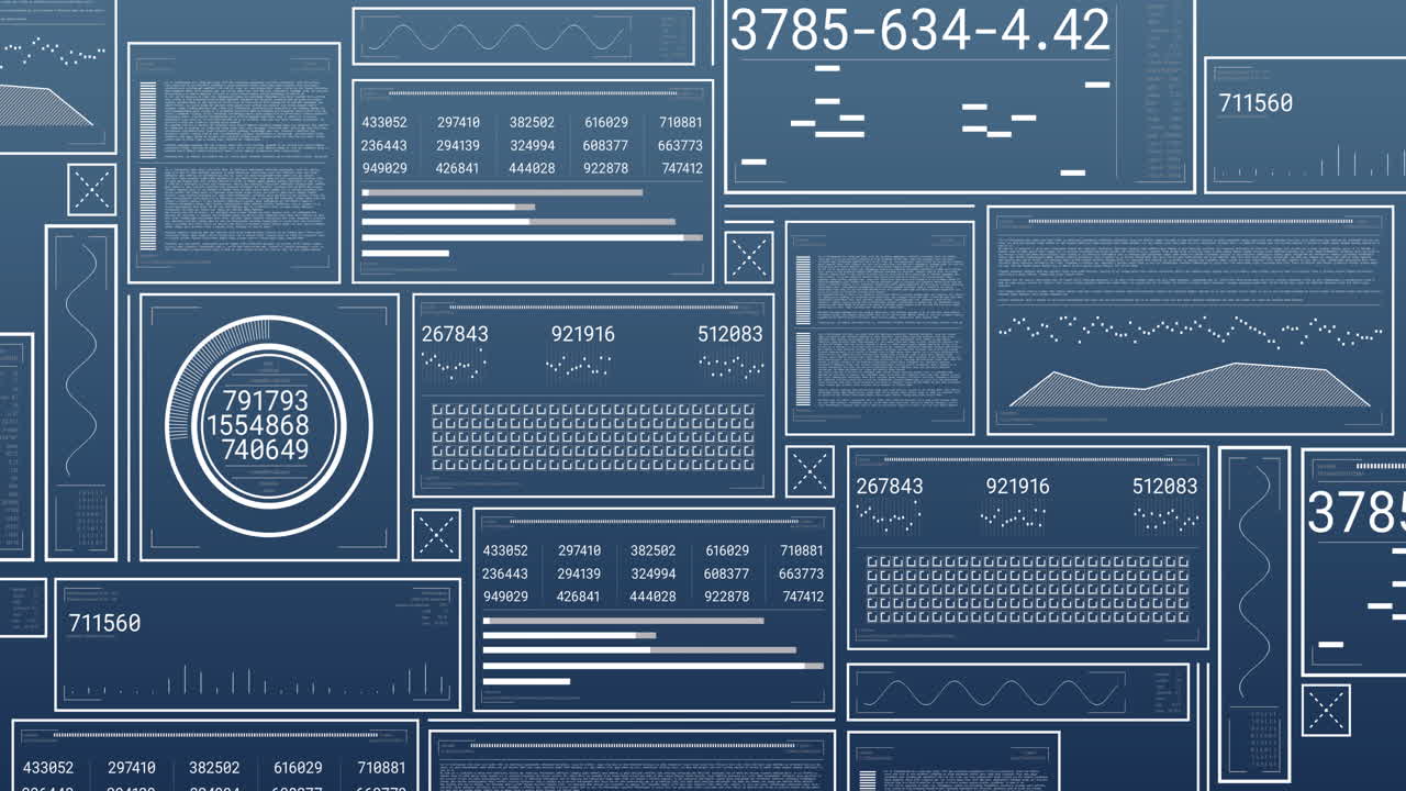 Animation of screens with data processing over blue background