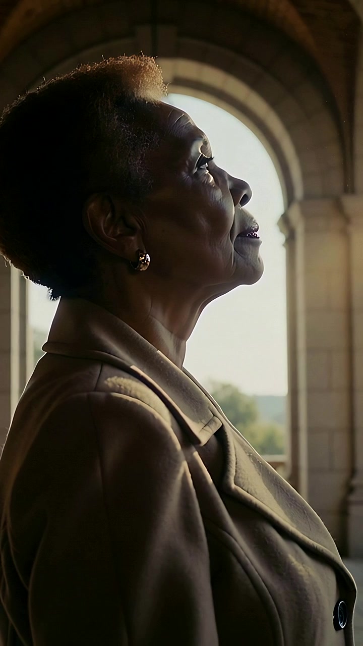 Vertical video: Lifting chin, senior woman in tan coat tilting upward in arch with sun brightening