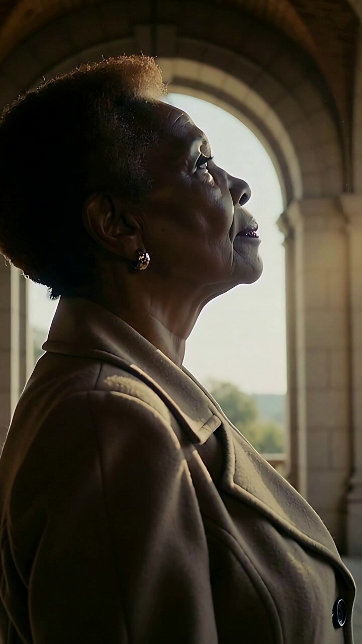 Vertical video: Lifting chin, senior woman in tan coat tilting upward in arch with sun brightening
