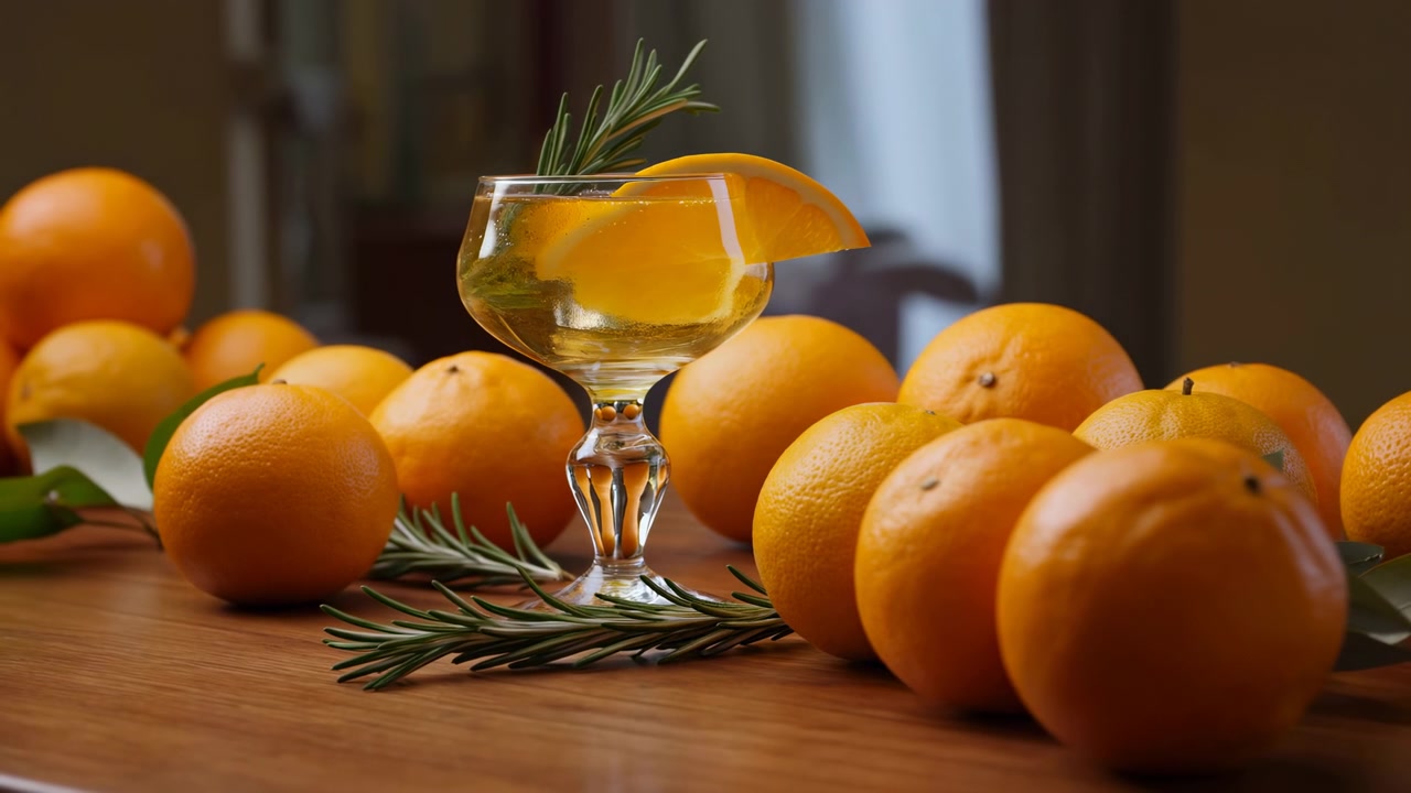 Et klart stettglass med sitrusgarnityr og rosmarin står blant ferske appelsiner på et trebord i mykt naturlig lys
