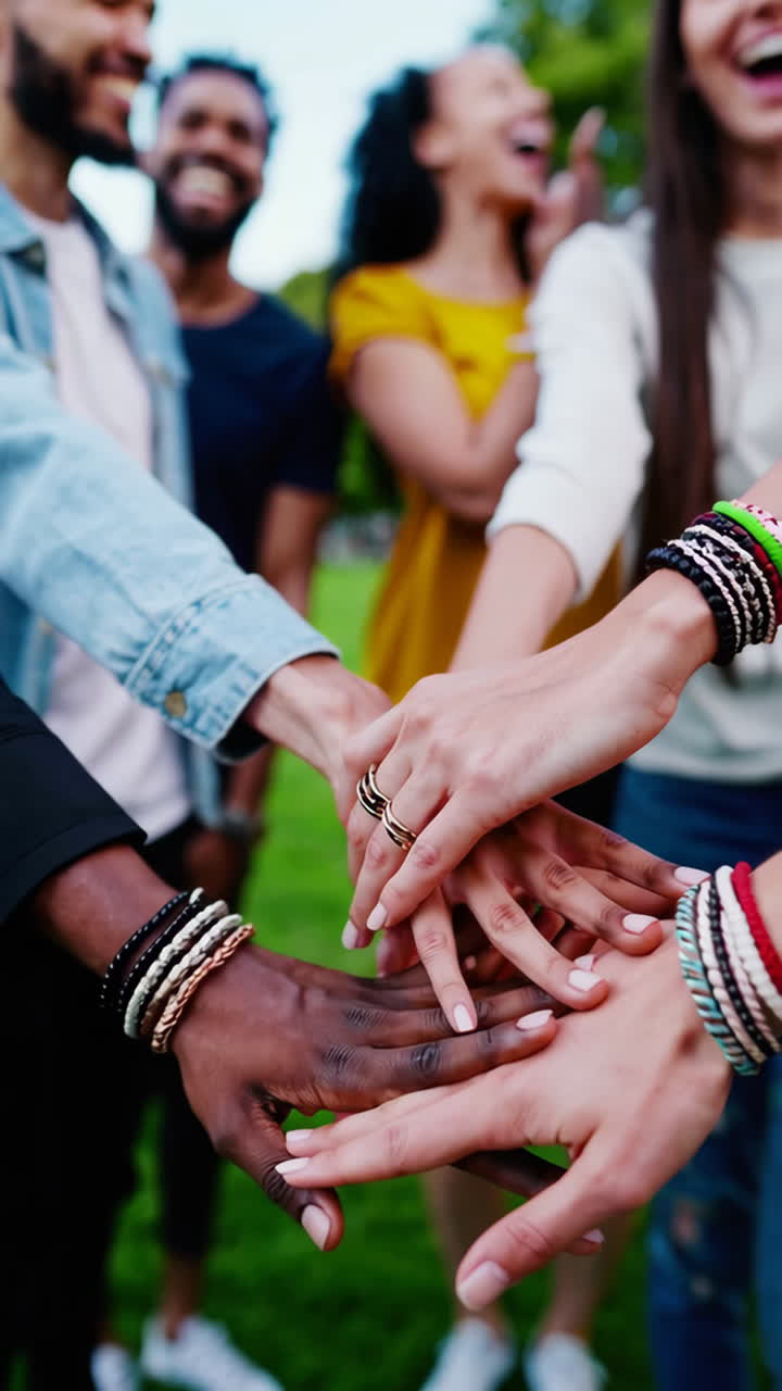 Group of Diverse Friends Showing Unity and Teamwork with Hands Stacked Together