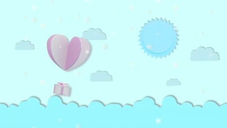 movimiento, cajas de regalos y corazones rosados flotando en el cielo por encima de las nubes. segundos 0-2, la animación comienza. segundos 2-8 puede cortar el bucle y segundos 8-10 para terminar la animación.
