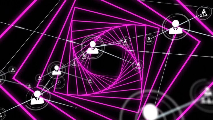 Animation of network of connections with icons over purple spiral on black background