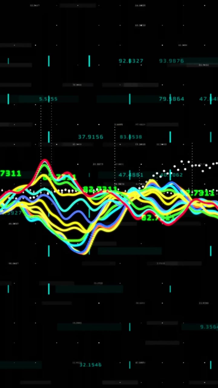 Animation of financial data processing over grid on dark background