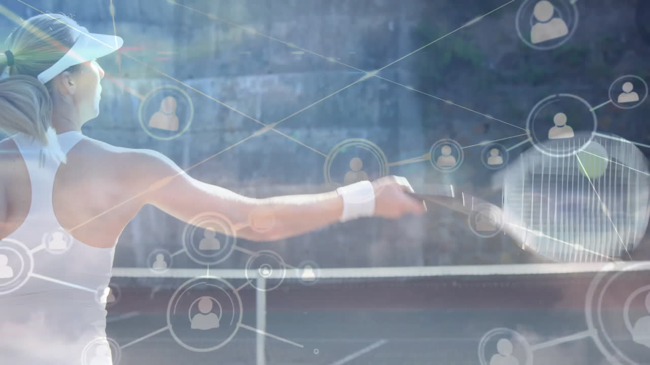 female tennis player with visor swinging racket hitting ball on court, showcasing network icons