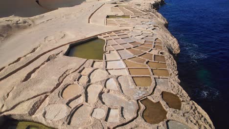 Cinematic-Aerial-Orbit-of-Salt-Pans,-Landmark-of-Gozo-Island,-Malta
